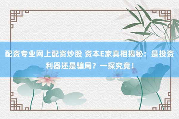 配资专业网上配资炒股 资本E家真相揭秘：是投资利器还是骗局？一探究竟！